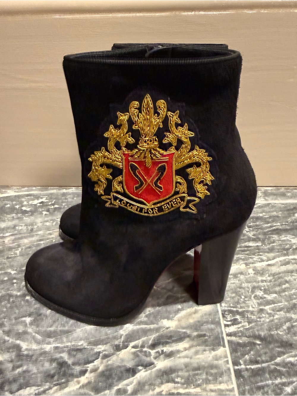 Christian Louboutin Black Suede Ankle Boots with Gold and Red Crest